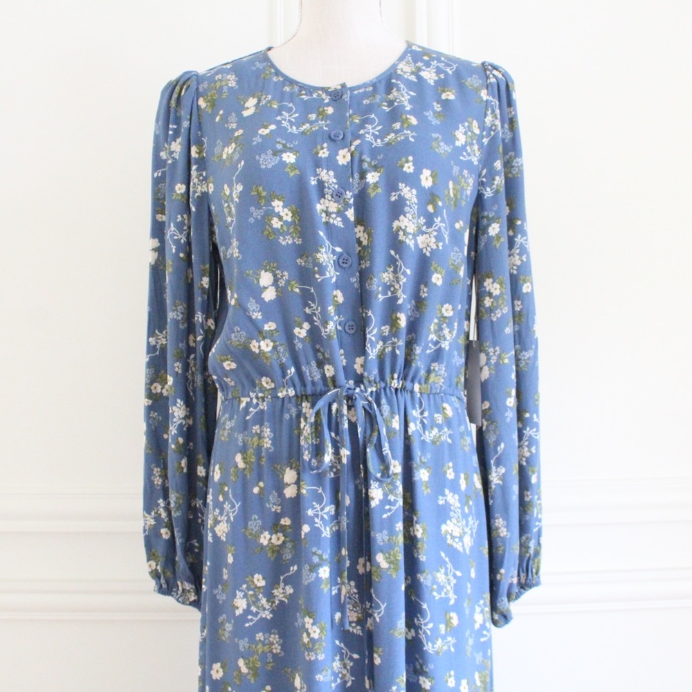 reformation • floral long sleeve blue lisse avery dress - Picture 6 of 13